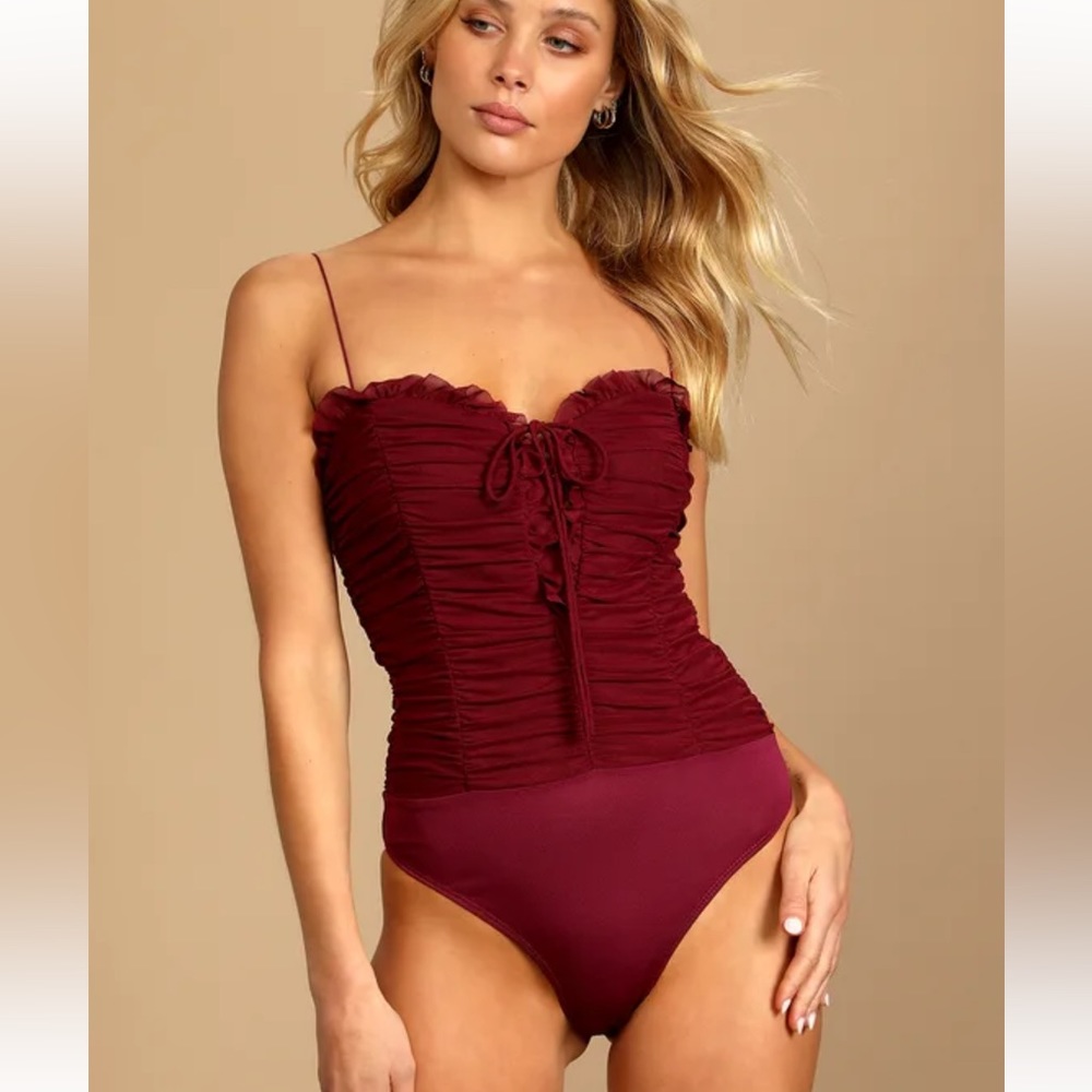 Lulus Some Nights burgundy lace up ruched sleeveless bodysuit